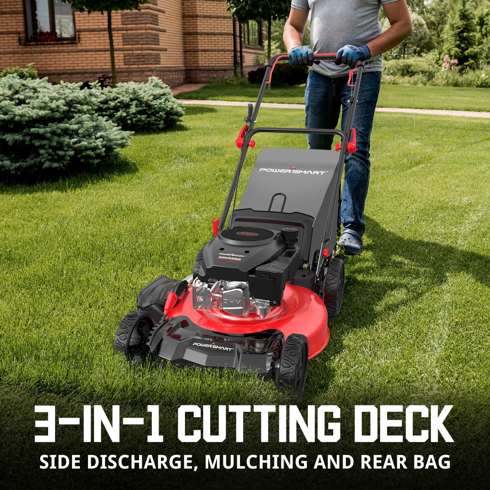 PowerSmart 144CC Engine Gas Push Lawn Mower, 21 inches Cutting Blade, 6-Position Height Adjustment