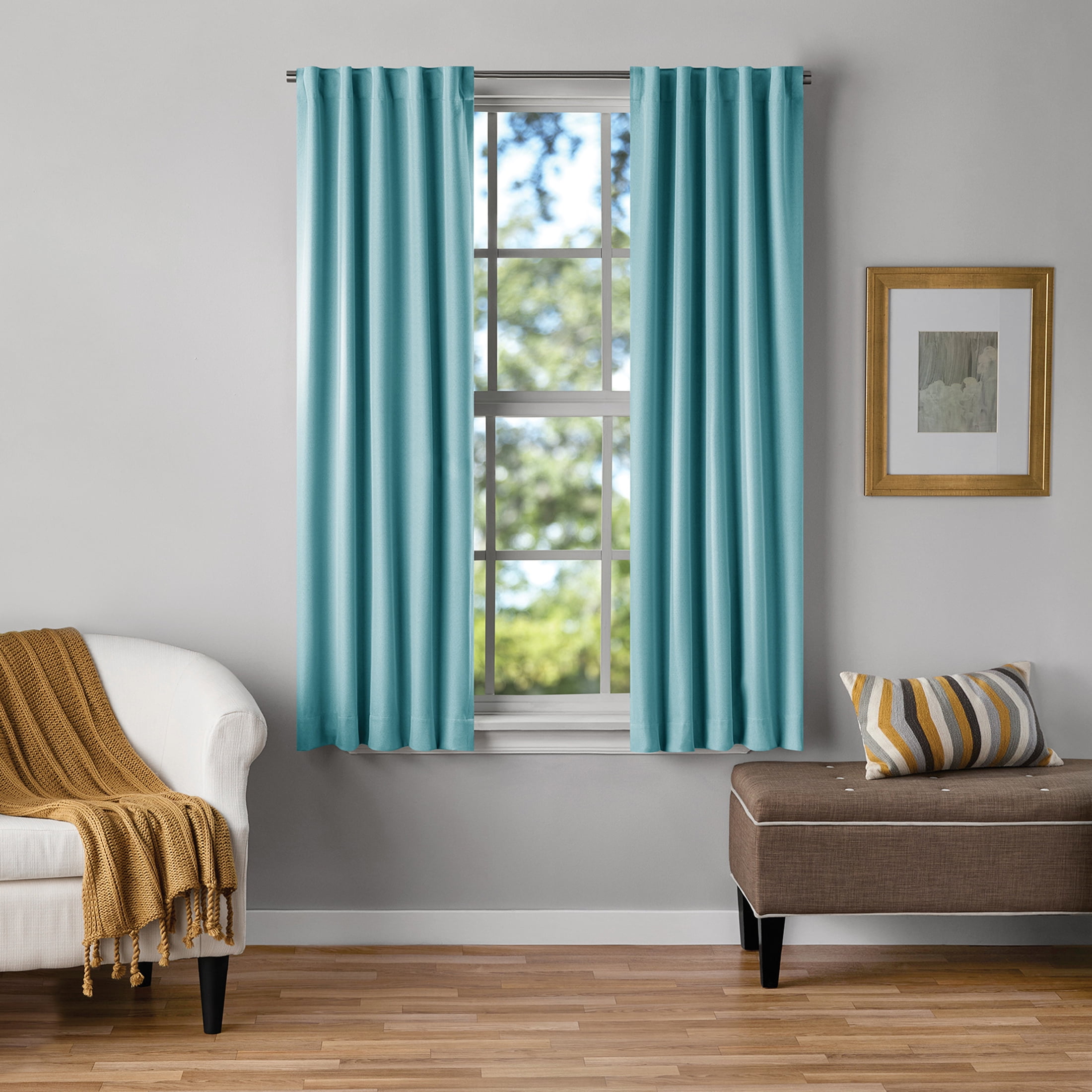 Mainstays Light Blue Solid Blackout Rod Pocket with Back Tabs Curtain Panel Pair, Set of 2, 30" W x 63" L