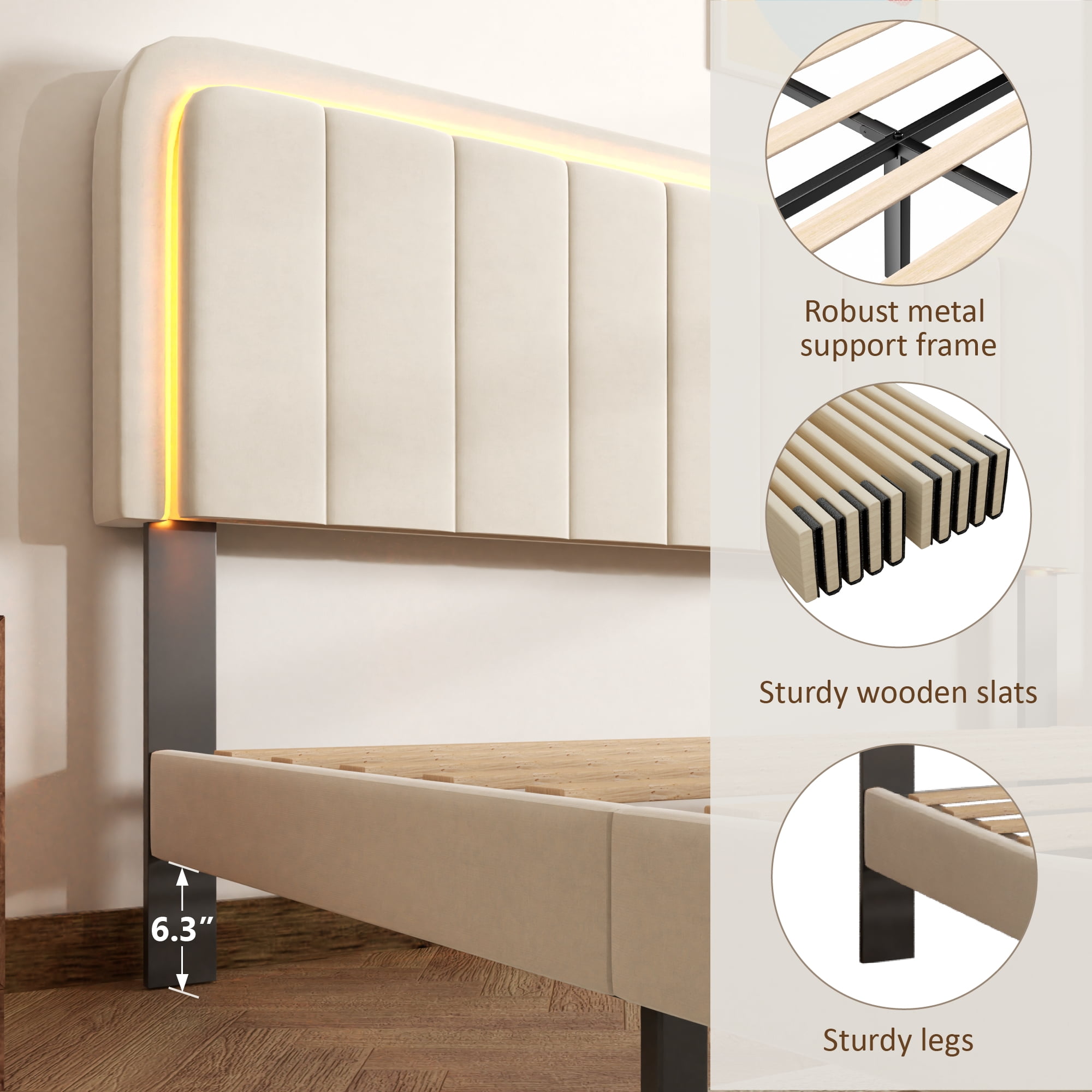 Queen Size Upholstered Bed Frame with Adjustable Headboard, LED Lights, Wooden Slat Support, Velvet Platform Bed, No Box Spring Needed, Easy Assembly, Noise-Free, Beige