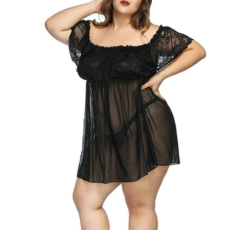 Plus Size Nightdress for Women Sheer Mesh Lingerie Sexy Boat Collar Nightgown Lace Splicing Sleepwear Off Shoulder Nightwear See Through Erotic Babydoll
