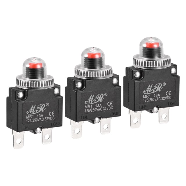 Unique Bargains Circuit Overload Protector 13A AC125/250V DC32V Push Button Thermal Circuit Breaker with Waterproof Caps 3pcs