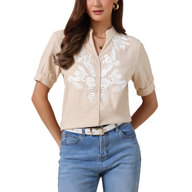 INSPIRAR CHIC Blusas de Verano para Mujeres de Algodón con Cuello en V y Manga Corta, Blusas Bordadas, Túnica M Beige
