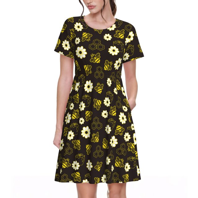 Balery Honey Bees With Flowers Vestidos sueltos de manga corta para mujer, vestidos de verano 2025, vestidos casuales de corte A con vuelo.
