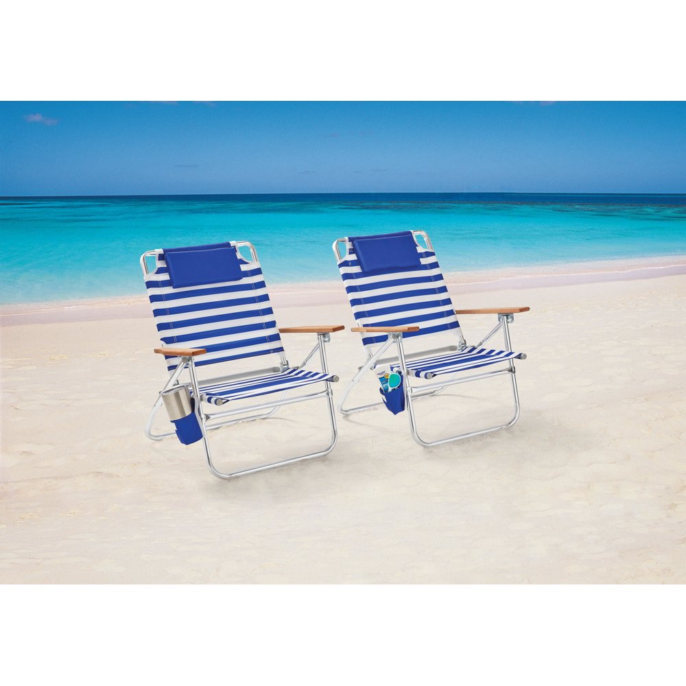 Mainstays Wood Arm Reclining Comfort Height Backpack Beach Chair Cabana