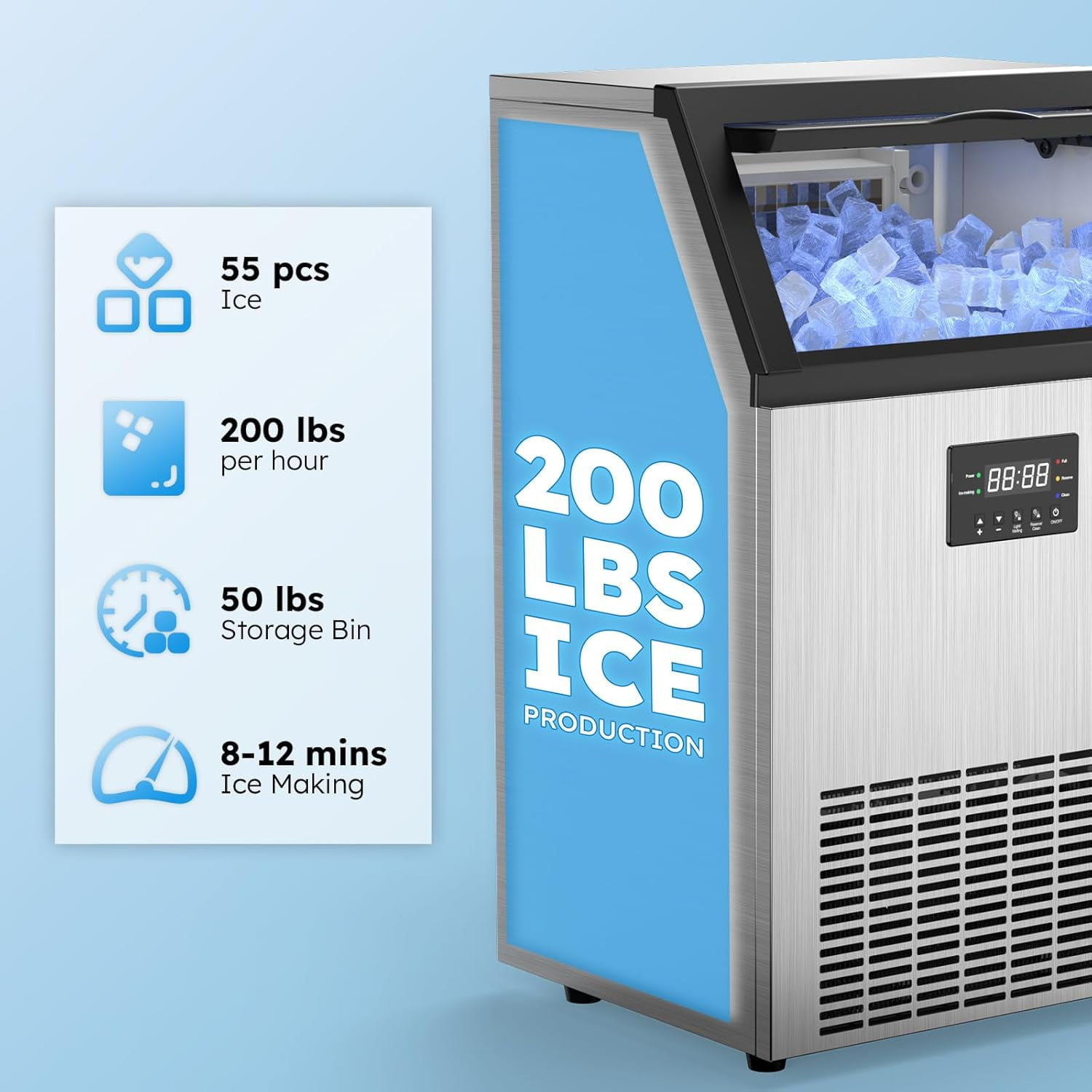Ecojoy Commercial Ice Maker, 200Lbs/24H Under Counter Ice Machine, 400W Compressor 40LBS Storage Bin