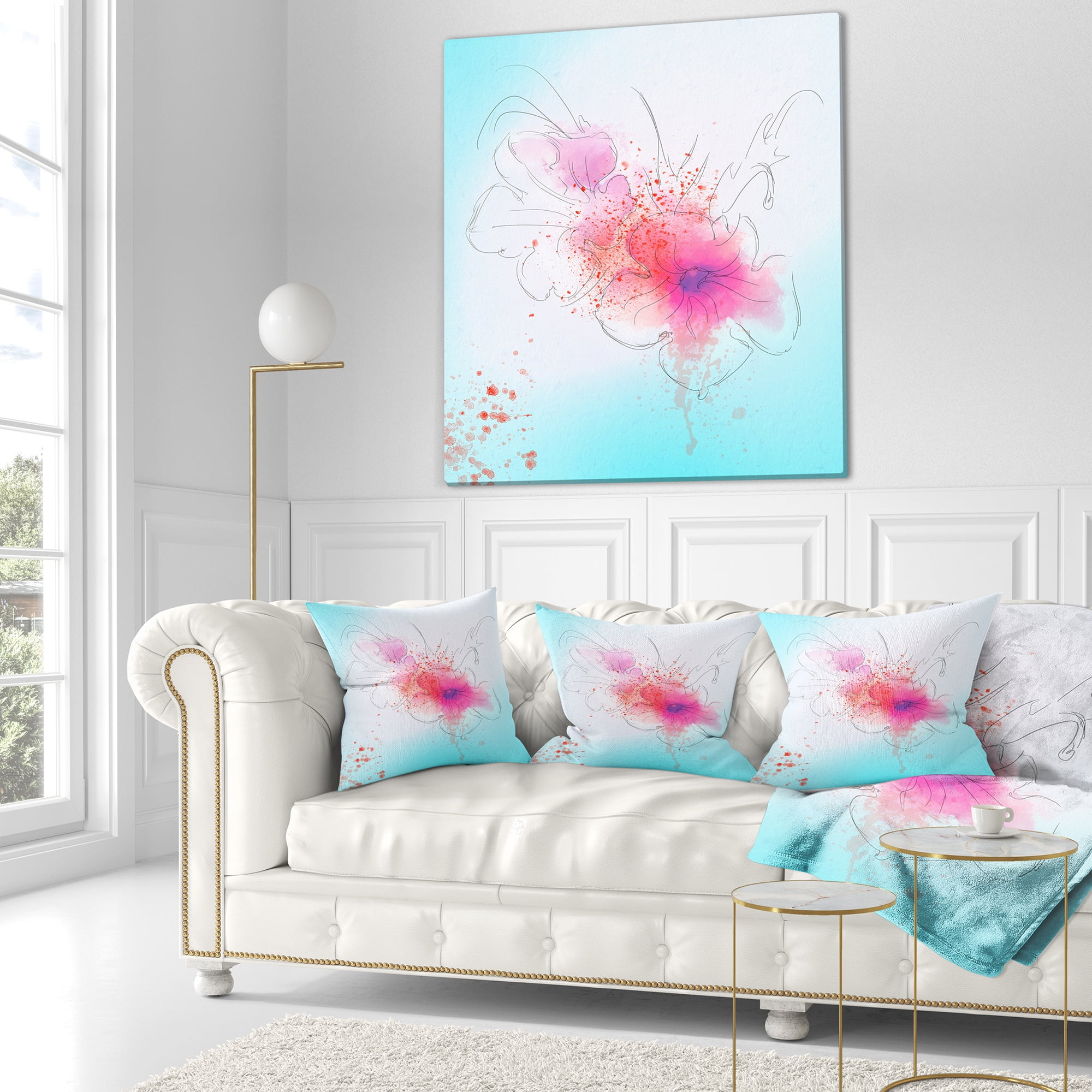 Designart Pink Flowers Illustration Watercolor - Floral Throw Pillow - 18x18