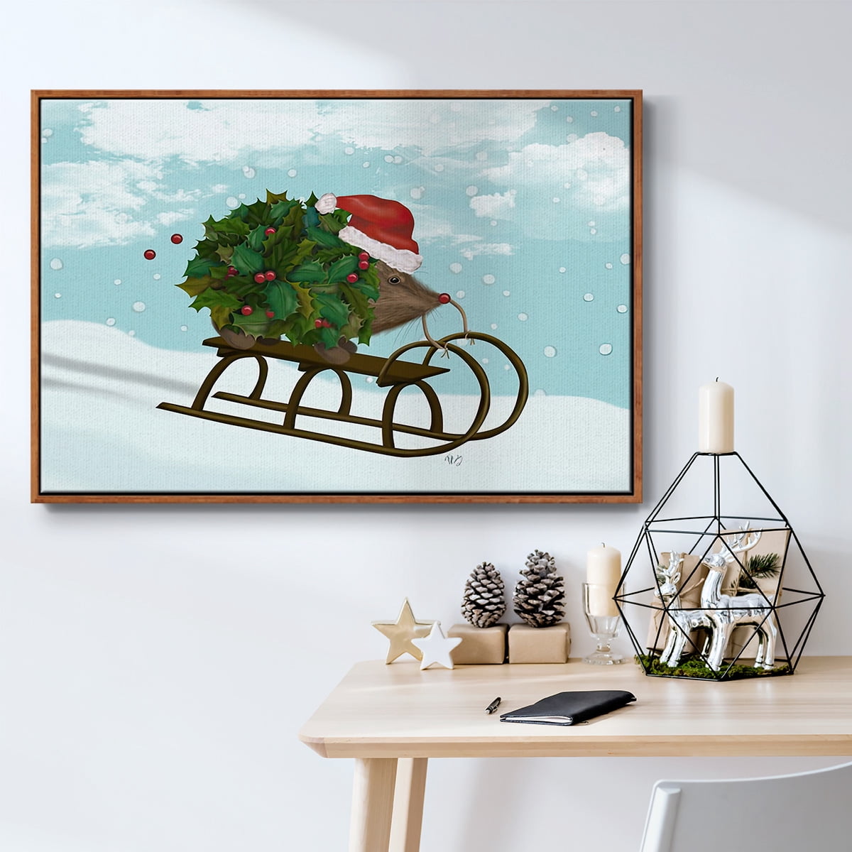 Christmas Holly Hedgehog Sledding - Framed Gallery Wrapped Holiday Canvas - 25 x 37 - Rosewood Frame