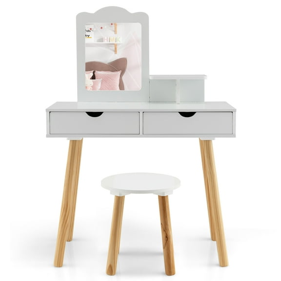 Infans Kid Vanity Table Chair Set with Mirror Large Storage Drawers Wooden Legs White