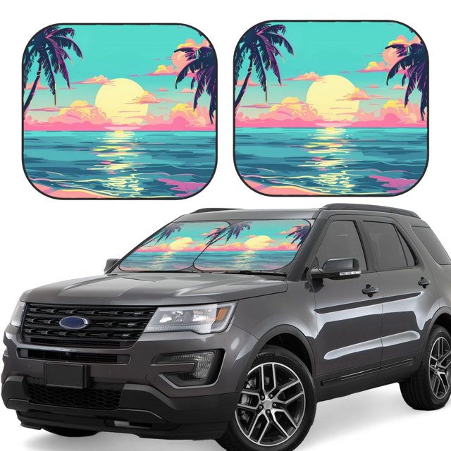 Fotbe Retro Palm Beach Sunset Juego de 2 Piezas de Parasoles para Parabrisas | Bloqueador Solar para Auto | Accesorios Plegables para Protección Solar Interior-Small