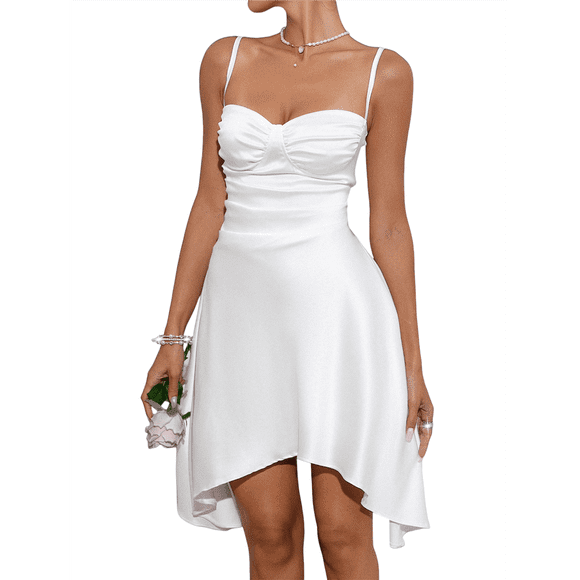 Women's Ruched Corset Dress Spaghetti Strap Fit and Flare Flowy Mini Dress White S