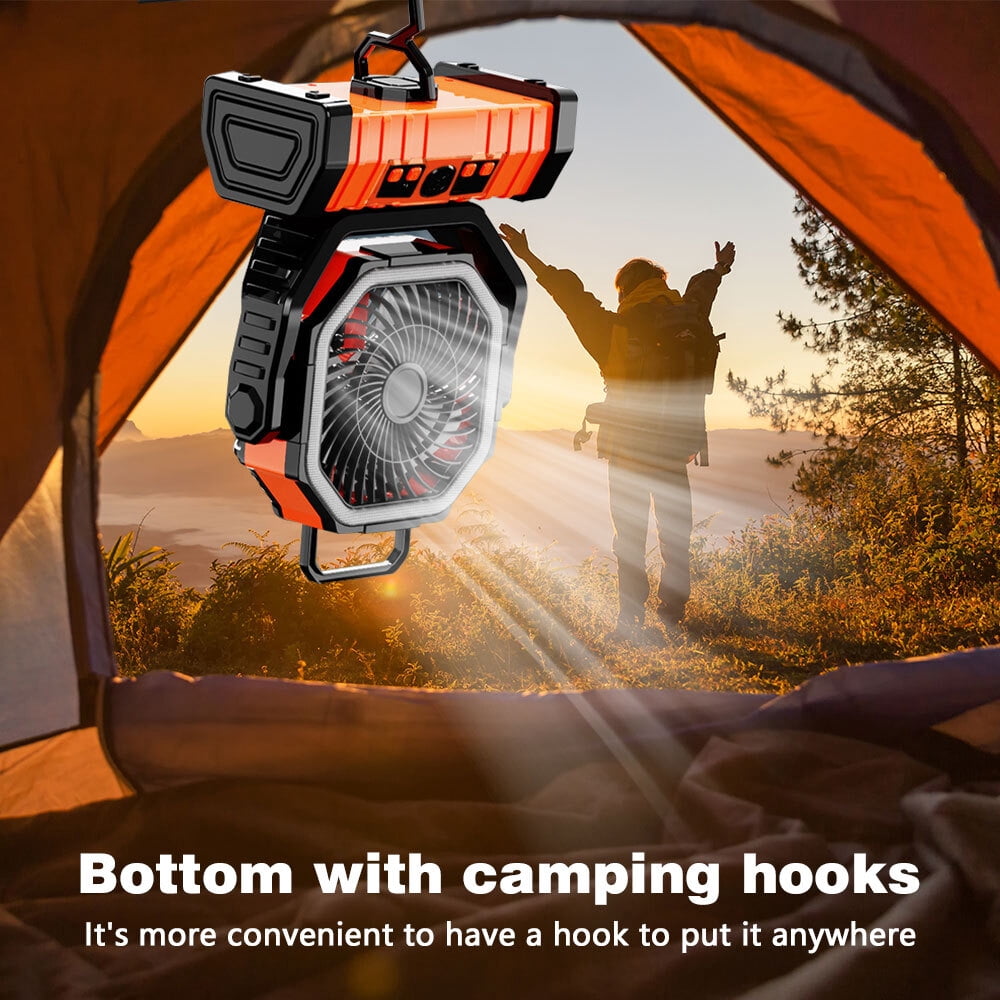 Camping Fan, Kepeak 20000mAh Rechargeable Personal Fan with Remote, Light, and Hook for Travel, Camping, Tent, Office - Orange