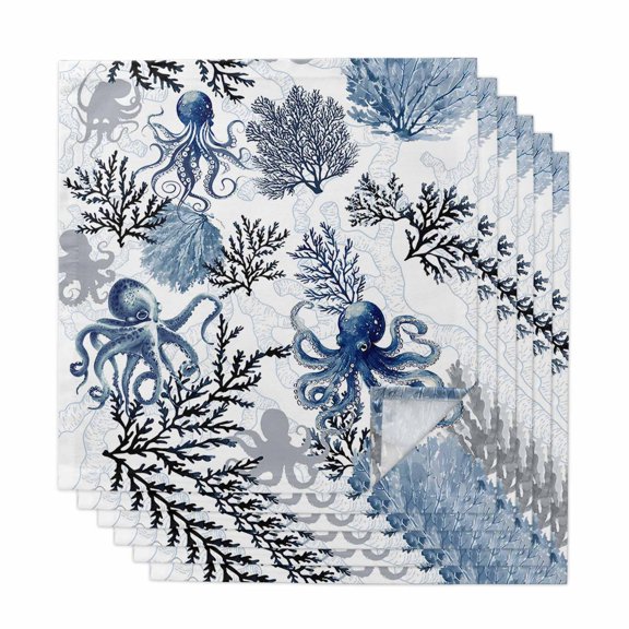 Octopus Coastal Cloth Napkins, Navy Blue Nautical Summer Ocean Washable and Reusable Dinner Napkins Set of 6, Table Napkin for Kitchen Party Birthday Wedding Hotel Housewarming 20"x20"