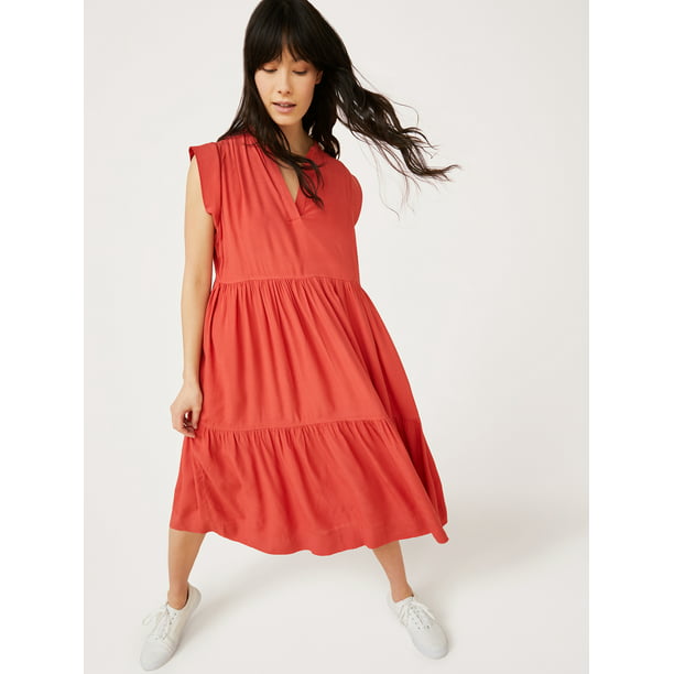 Free Assembly Women’s Short Sleeve Split Neck Midi Dress - Walmart.com