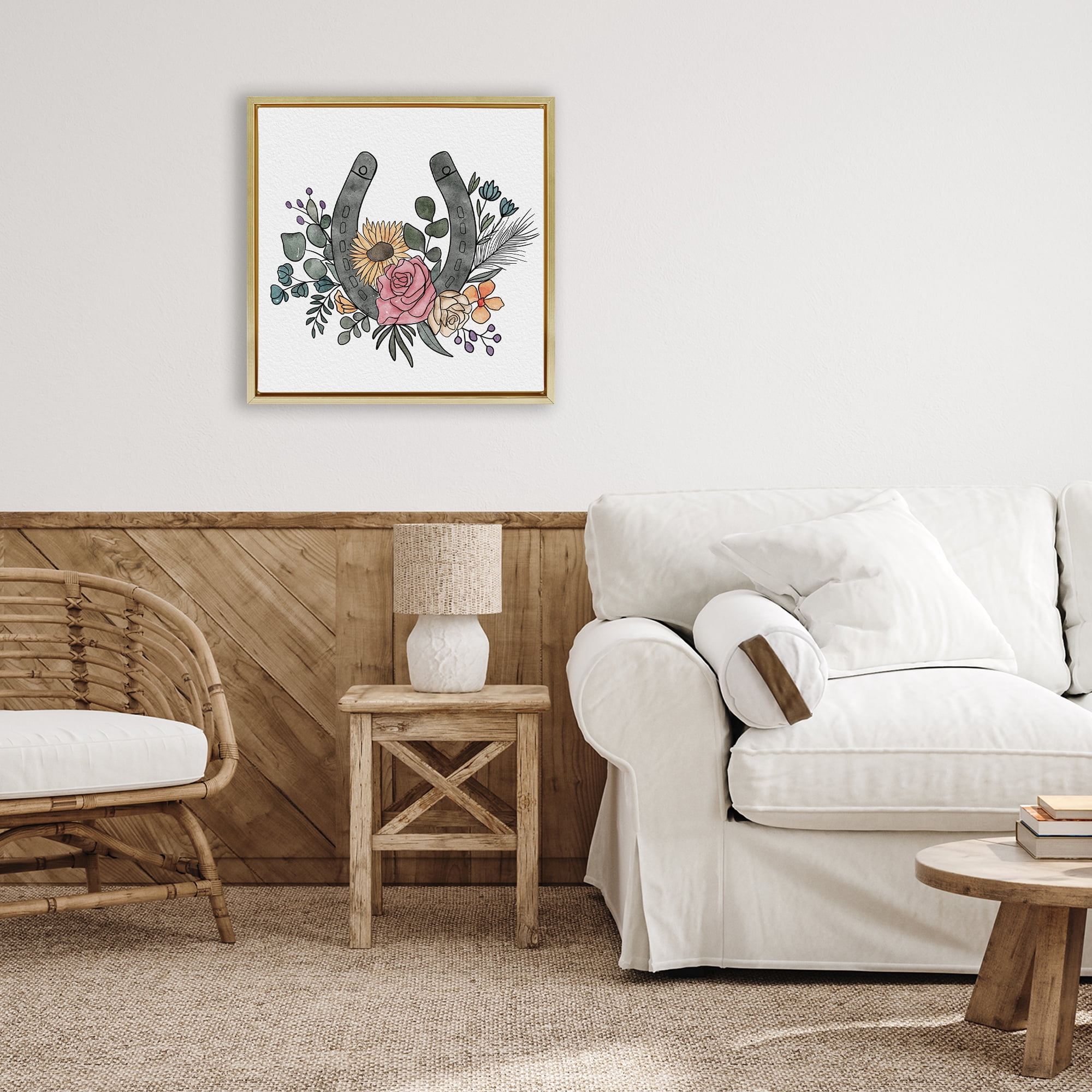 Stupell Industries Boho Floral Horseshoe Gold Framed Floater Canvas Wall Art, design by Alisha Kiara Design