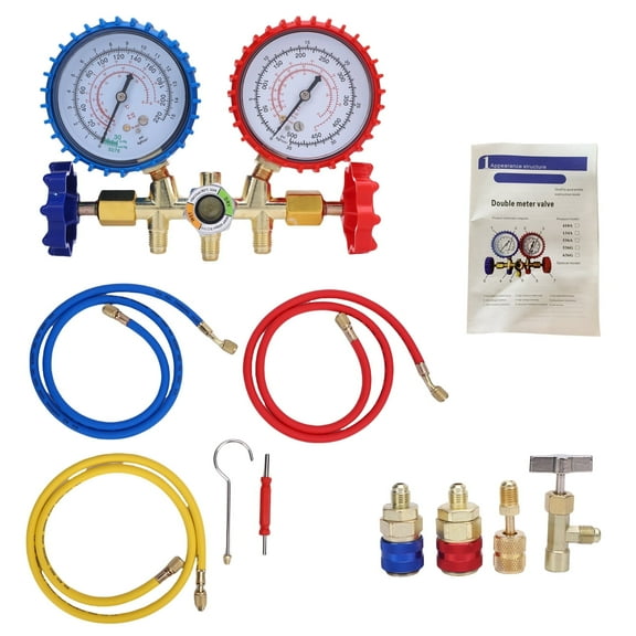 CACAGOO Ac Manifold Gauge Hose Kit Ac Gauge Set 3 Way AC Manifold Gauge Set For R134A, R410A, R404A Refrigerants, With Quick Couplers, 410 Adapter, Puncturing Can Tap, Valve Core Tool