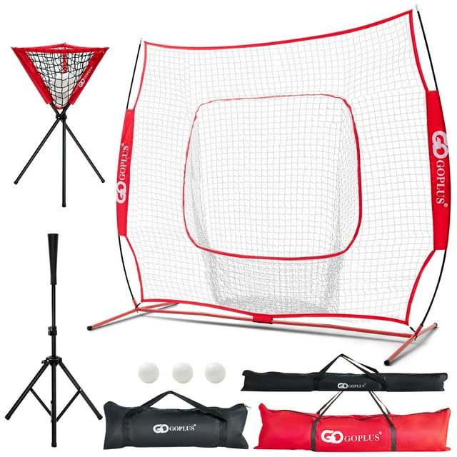 Goplus Filet de Baseball 8 Pieds x 7 Pieds pour Pratique de Softball, Lancer, Frapper, Rouge