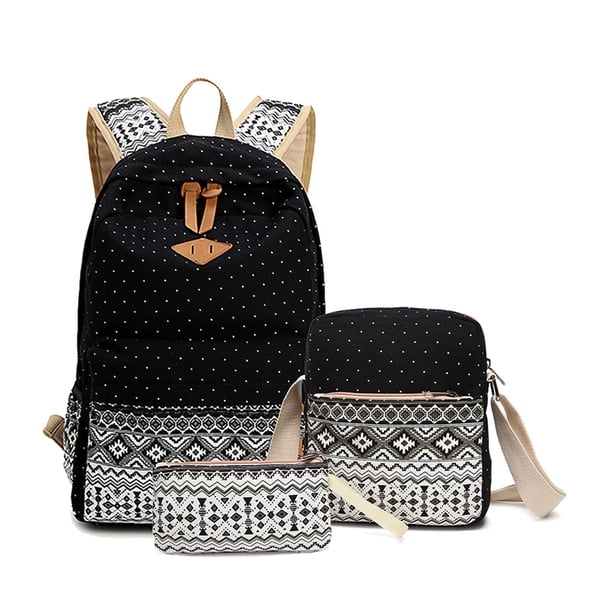 Sonducket de lona de 3 piezas, conjunto organizador de hombro, gran capacidad, cremallera, estilo étnico, mochilas escolares, bolsa de Mochilas Negro