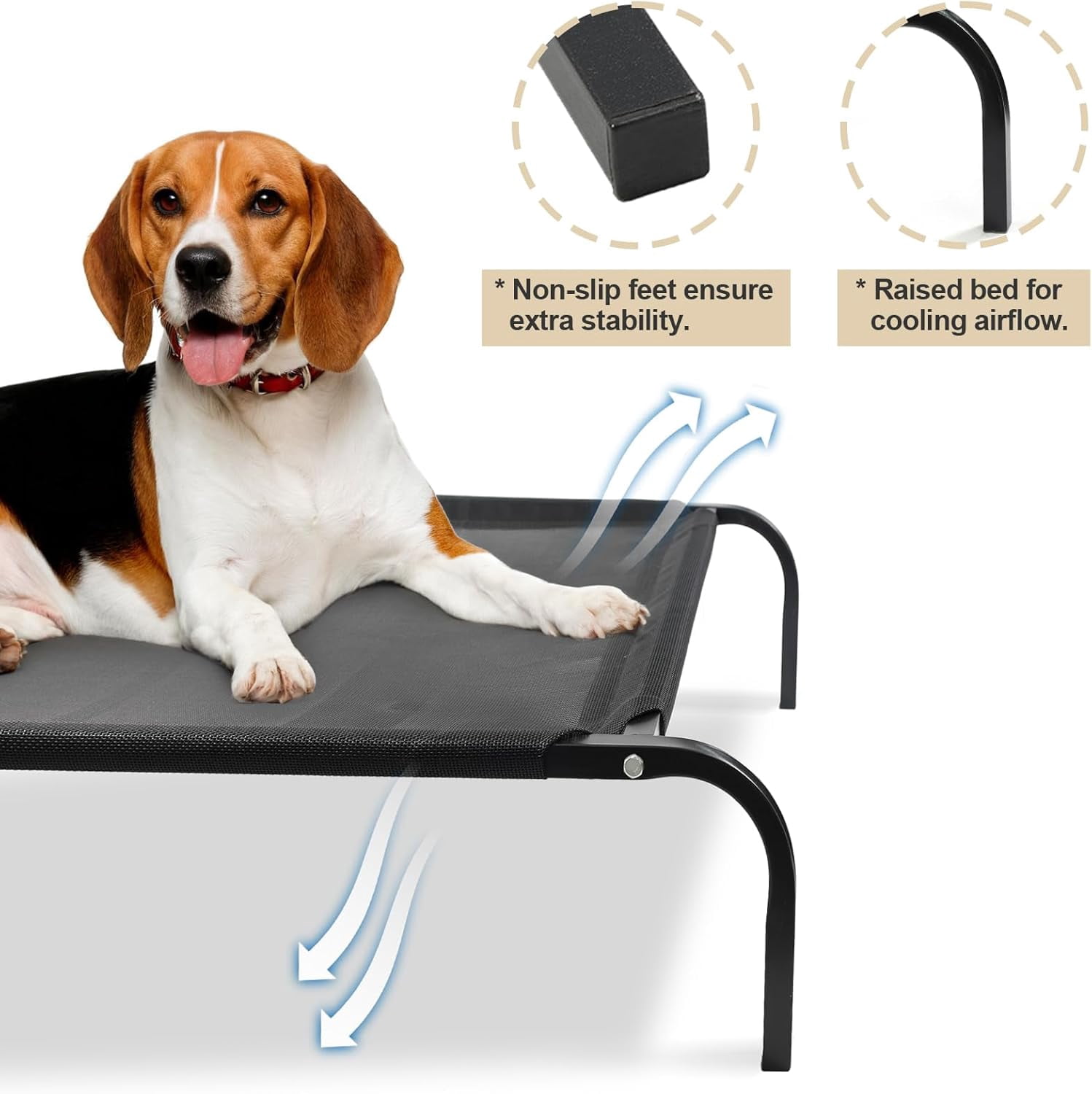 Elevated Dog Bed, X-Large Portable Indoor & Outdoor Cooling Raised Bed, Washable Breathable Mesh Dog Hammock Bed, with Skid-Resistant Feet, Frame with Breathable Mesh, (Black)