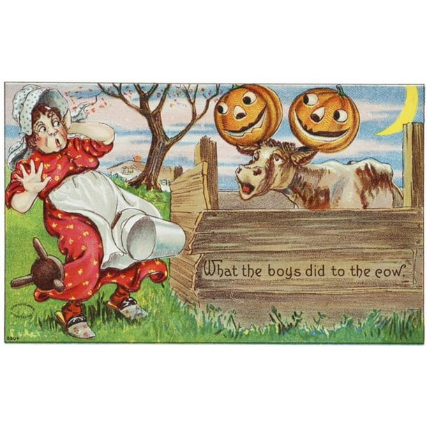 Posterazzi DPI12272360 Carte de Voeux Vintage Halloween avec Vache avec Jack-O-Lanternes sur les Cornes de 20th Siècle Affiche Impression - 19 x 12 Po.