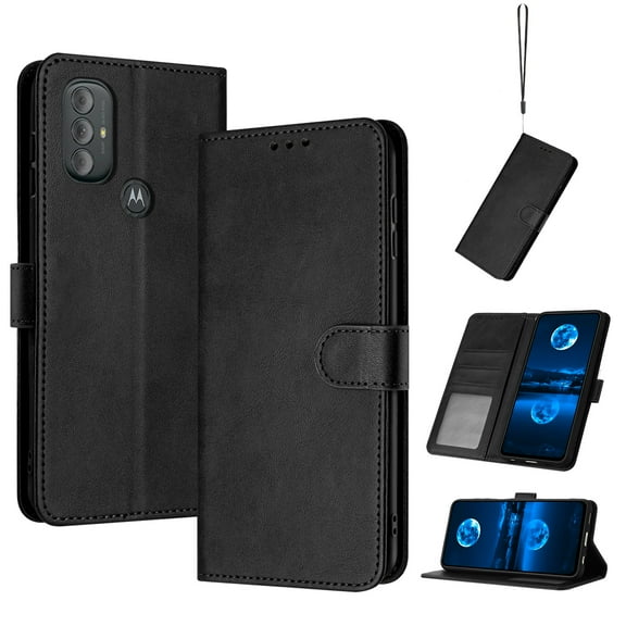 Designed for Motorola Moto G Power 2022 Case Wallet, Men Women Flip Folio Cover with PU Leather Stand Credit Card Holders Slots Wrist Strap Soft TPU Inner Phone Case for Moto G Power 2022, Black