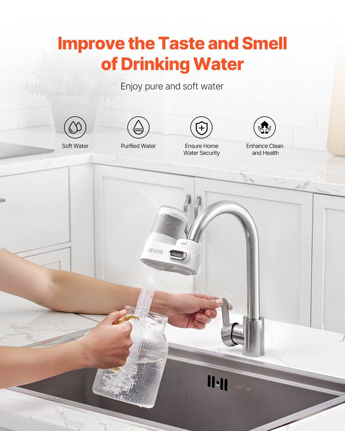 White Faucet Mount Water Filter – Kitchen Sink Water Purifier with 3-Stage Filtration, High Flow Rate