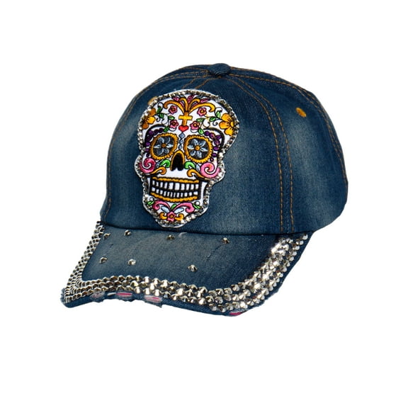 Womens Jeweled Studded Hat - Sugar Skull Day of the Dead Distressed Denim Baseball Cap