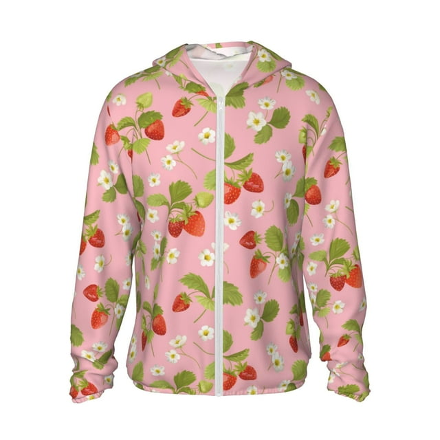 Balery Motif Floral Fraise UPF 50+ Veste à Capuche Protection Solaire Légère à Manches Longues pour Femmes Hommes avec Poche Randonnée Extérieur-Petit