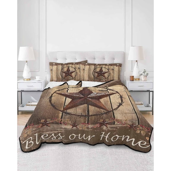 Quilts Twin XL Size, Rustic Country Soft Comforter Bedding Set for Bed, Western Stars Brown Texture Wooden Print Lightweight Quilted Bedspread with Pillow Cover(2 Pieces) for All Season, 68x98 Inch