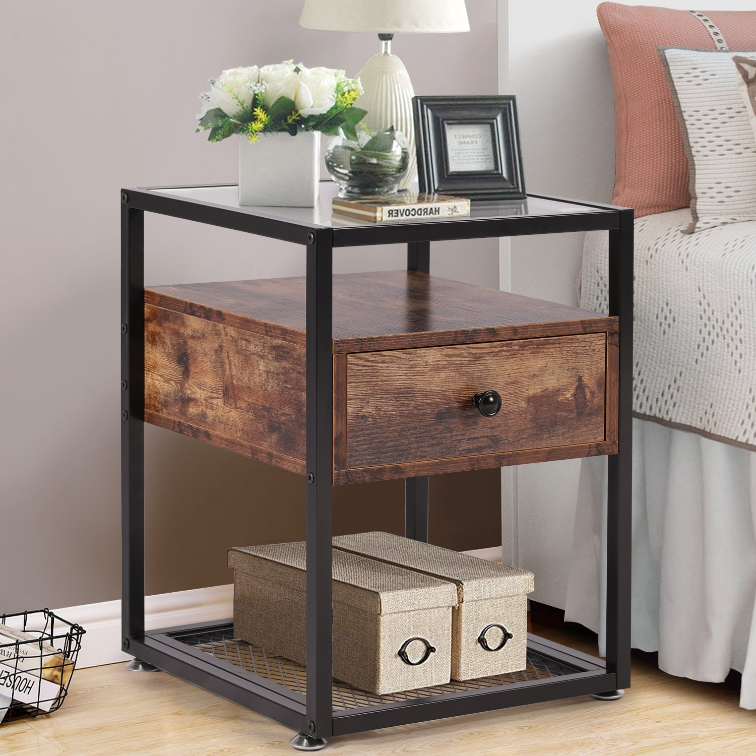VECELO Tempered Glass End Table with Drawer and Shelf, Brown - Walmart ...