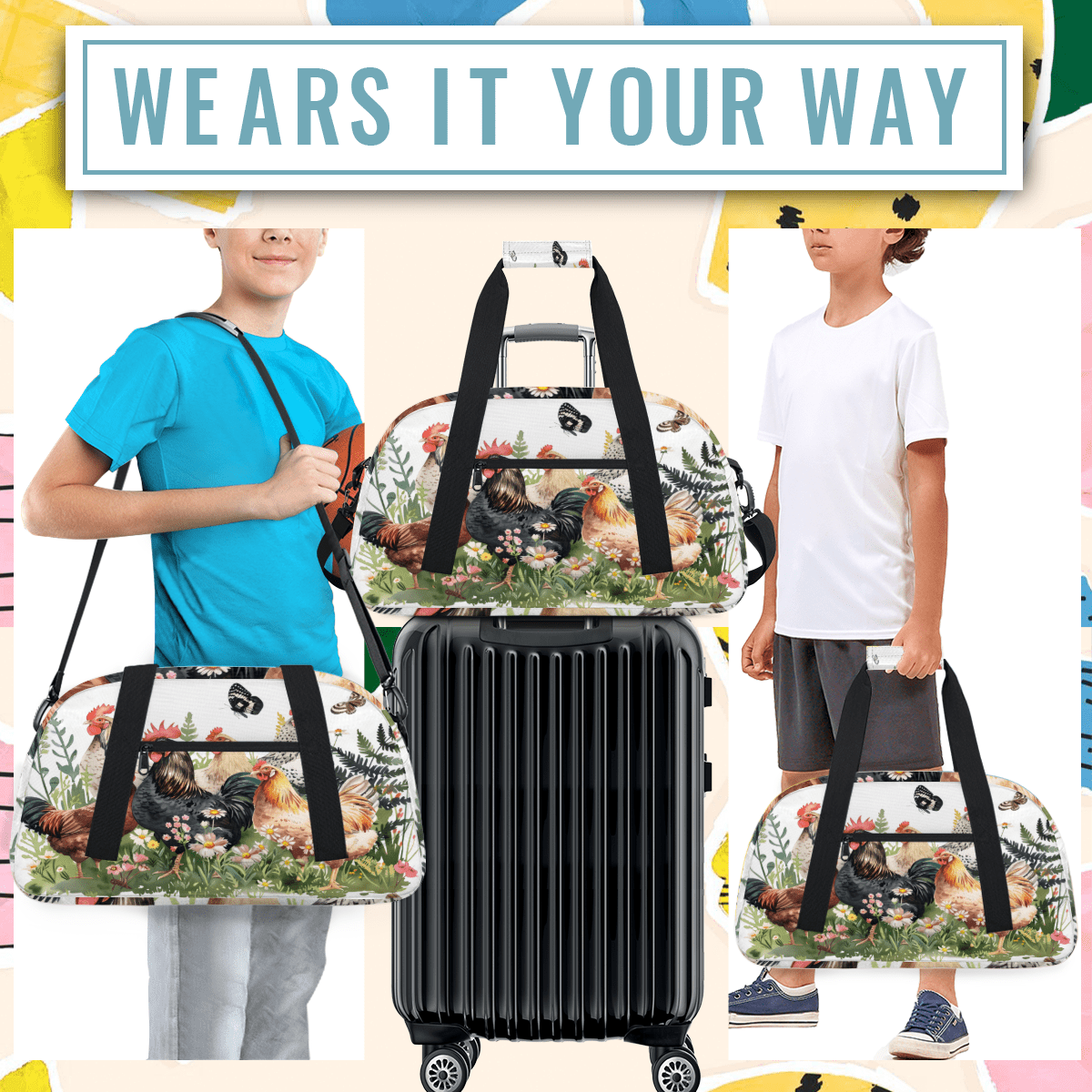 Herdesigns Funny Roosters Chickens Sports Duffle Bag for Women & Men, Gym Bag Dance Bag Overnight Bag Carry On Weekender Travel Bag