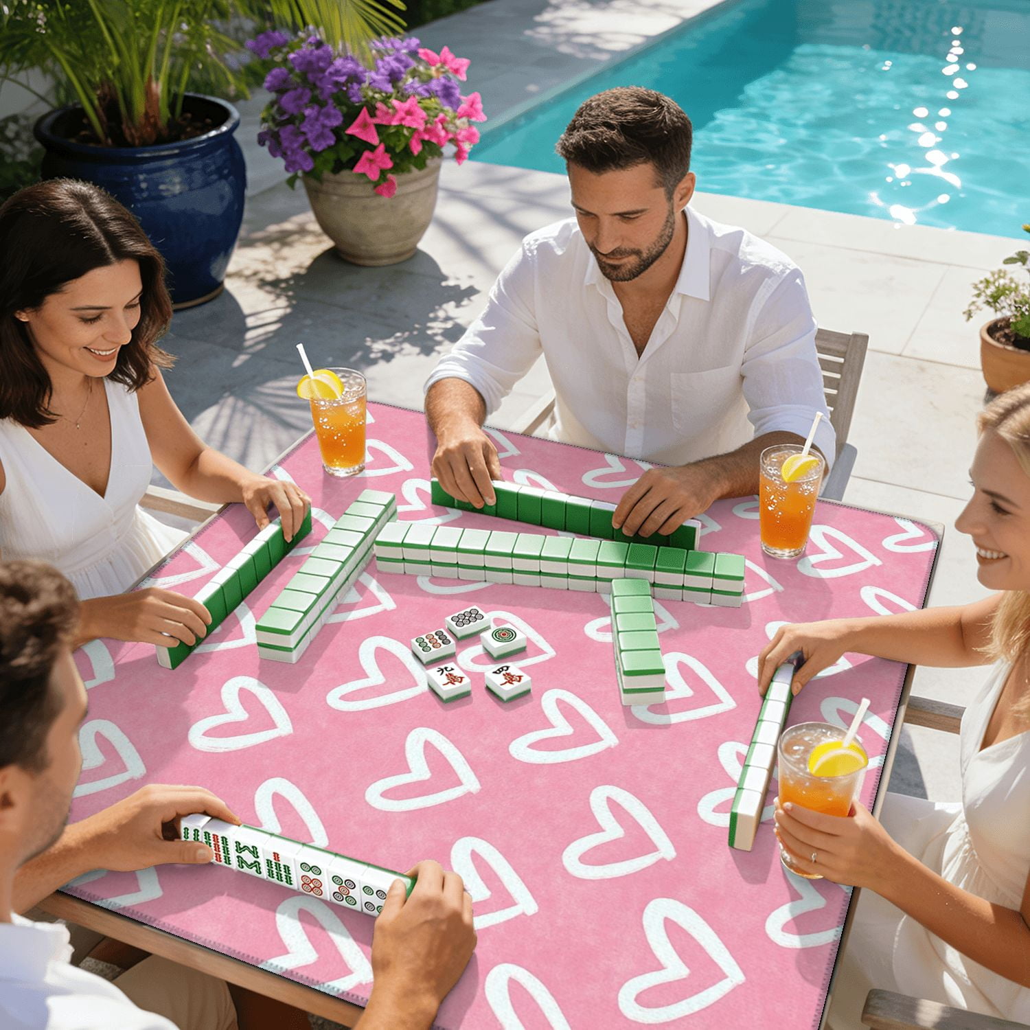 Mahjong Mat 31.5" x 31.5" Drawn Hearts Soft Pink Non-Slip Noise Reduction American Mahjong Tiles Table Cover for Dominoes Poker Card Board Games Gift