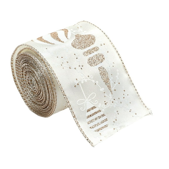 Champagne Silver Christmas Ribbon 200cm - Glitter Satin Gift Wrap Ribbon for Holiday Decorations
