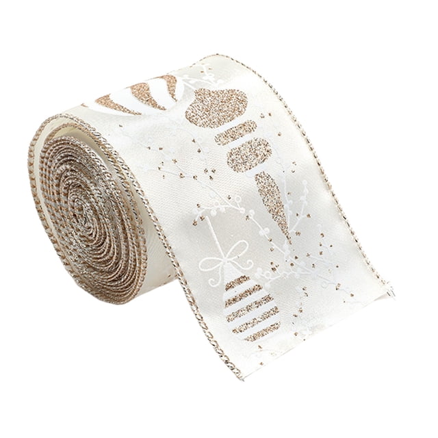 Christmas Ribbon For Gift Wrapping 200 cm x 6.3 cm Champagne Color Polyester Satin Ribbon With Festive Patterns