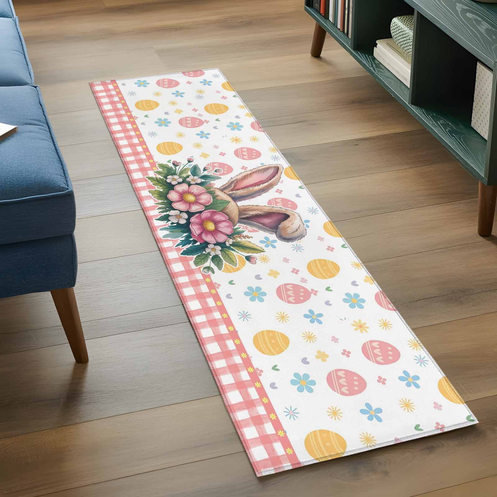 Easter 2'x6' Runner Rugs for Hallway Kitchen Bedside Non Slip Washable, Spring Floral Eggs Pink Checkered Pastoral Entryway Rug Runners with Rubber Backing, Long Carpet Runner for Laundry Room