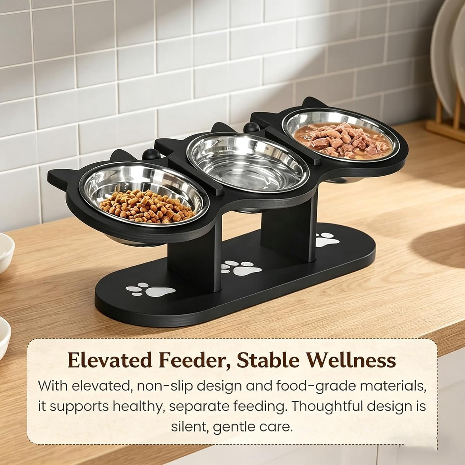 Anti-Slip Elevated 3-Bowl Pet Feeder Set, Raised Cat and Small Dog Food Water Bowls with Stand, No Spill Multi-Pet Feeding Station Water Bowl for Wet Dry Kibble, Neck Strain Relief (White)