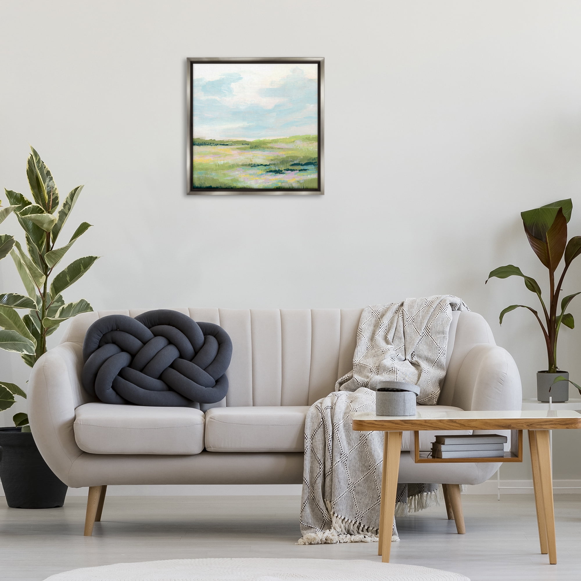 Stupell Industries Pastel Meadow Landscape Landscape & Nature Painting Gray Floater Framed Canvas Art Print Wall Art, 25 x 25