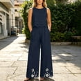 thumbnail image 5 of TEAJOPSUU Womens 2 Piece Sets Matching Lace Hem Outfits Sleeveless Crew Neck Crop Tank Tops High Waisted Wide leg Pants Sets Casual Daily Outfits Navy, 5 of 7