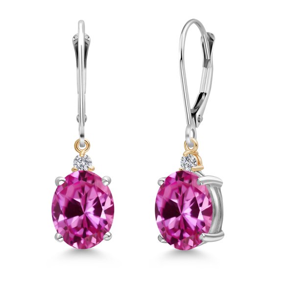 Gem Stone King 925 Silver and 10K Yellow Gold Pink Created Sapphire and Lab Grown Diamond Dangle Earrings for Women | 6.63 Cttw | Gemstone September Birthstone | Oval 10X8MM