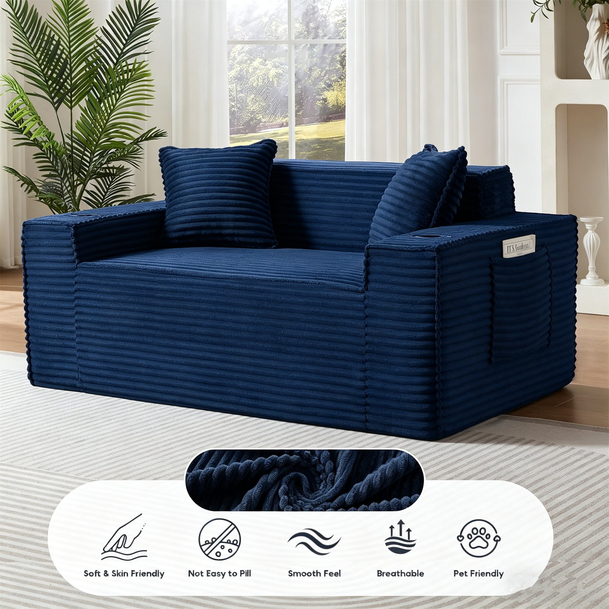 Aukfa 3 Piece Boneless Couch Set, Small Loveseat Cloud Sofa for Living Room, 2 Cup Holders&Storage Pockets, Corduroy, Blue