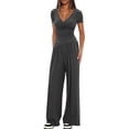 thumbnail image 3 of Womens V Neck Short Sleeve Top Wide Leg Pants Casual Comfortable Outfit Set Two Piece Dark Gray [Short Sleeve] M, 3 of 5
