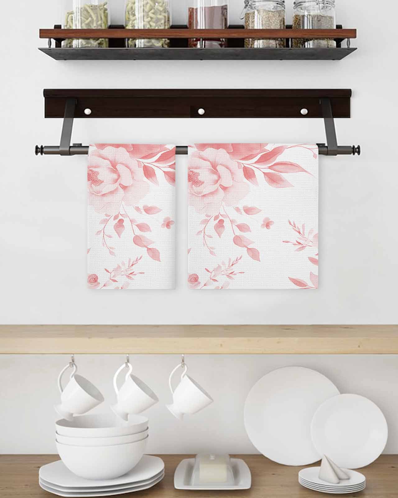 Pink Floral Art Kitchen Dish Towels for Drying Dishes Set of 4, Watercolor Botanical Spring Flowers Waffle Weave Microfiber Terry Hand Tea Bathroom Towels Quick Dry & Absorbent Towel 15.7x23.6