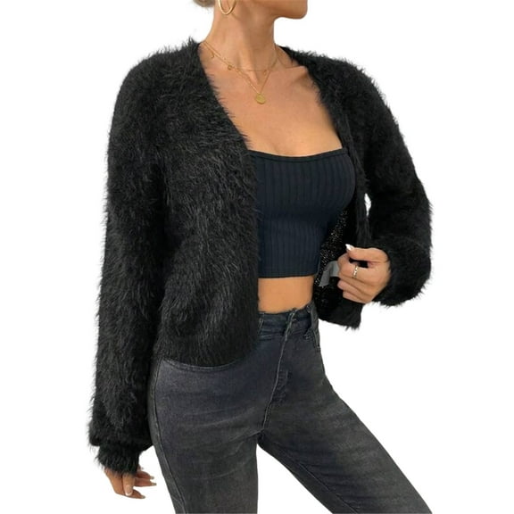 Women'S Cropped Loose Plush Long Sleeve Open Front Knitted Cardigan Black M