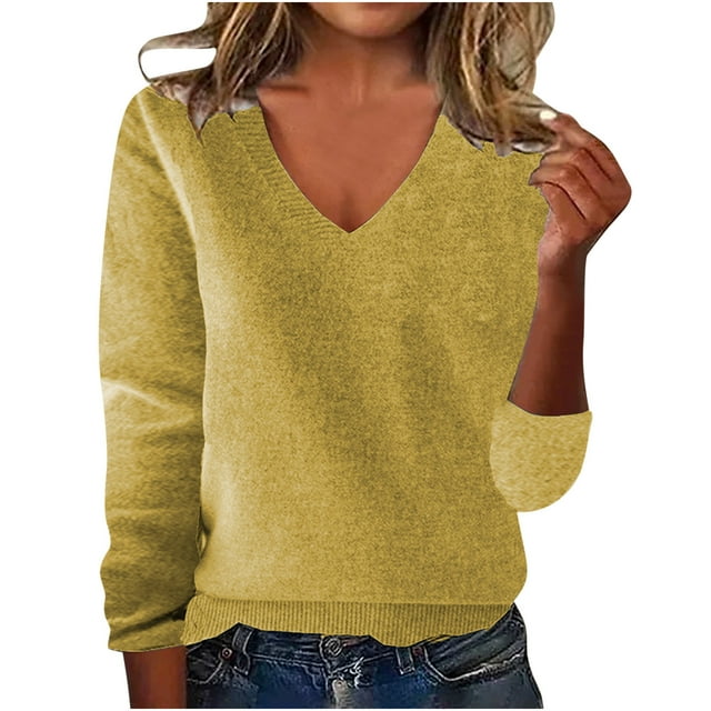 FAIWAD Women's Sweater Long Sleeeve V Neck Knitted Pullover Sweater Soft Lightweight Solid Color Base Layer Tops
