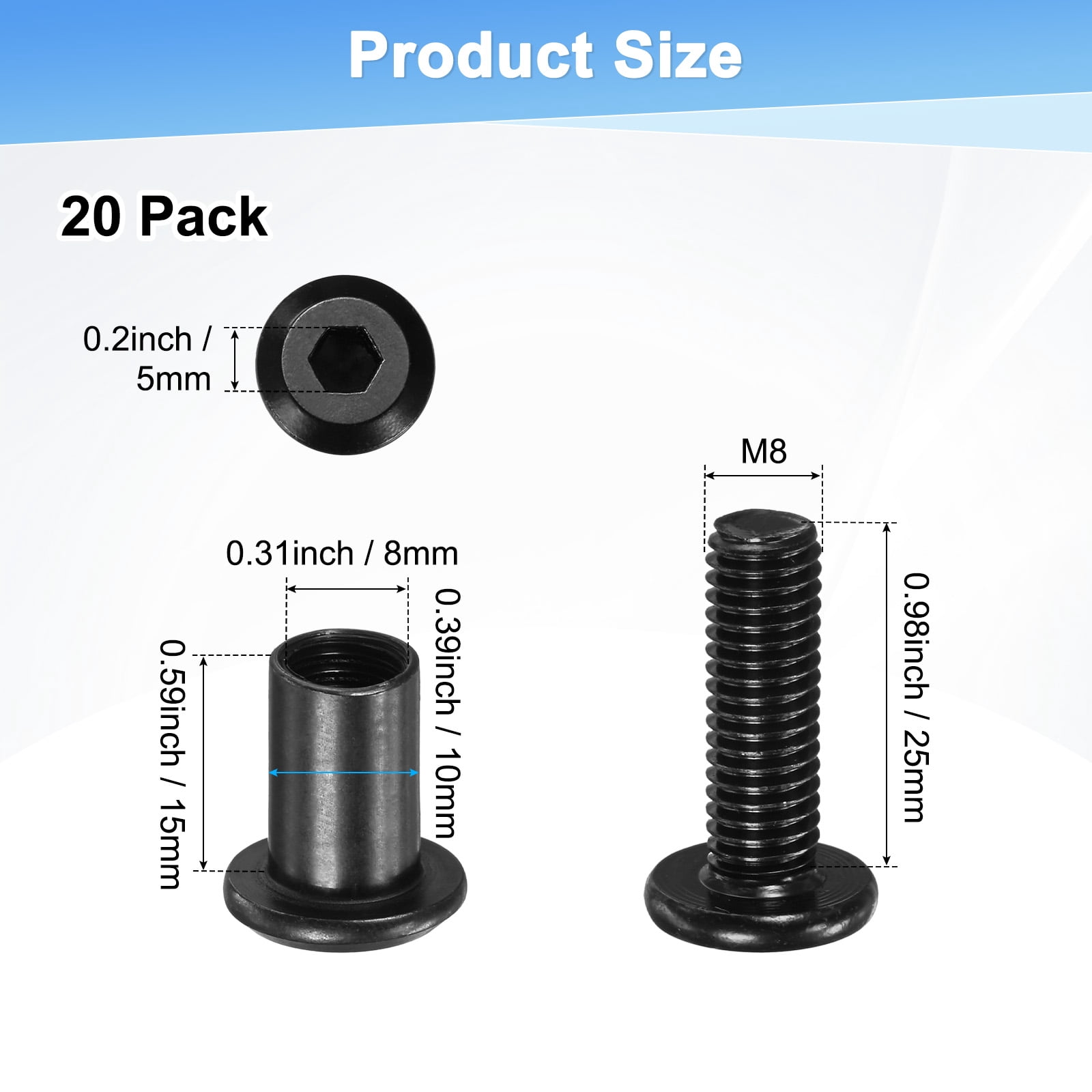 Uxcell 20-Pack Hex Drive Socket Cap Bolt M8 x 25mm Carbon Steel for Furniture