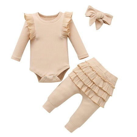 

Thhvdrg Baby Girl Clothes Toddler Girls Outfits Christmas Long Sleeve Ribbed Ruffled Romper Tops and Pants with Headband Casual Spring Autumn Baby Clothing Set
