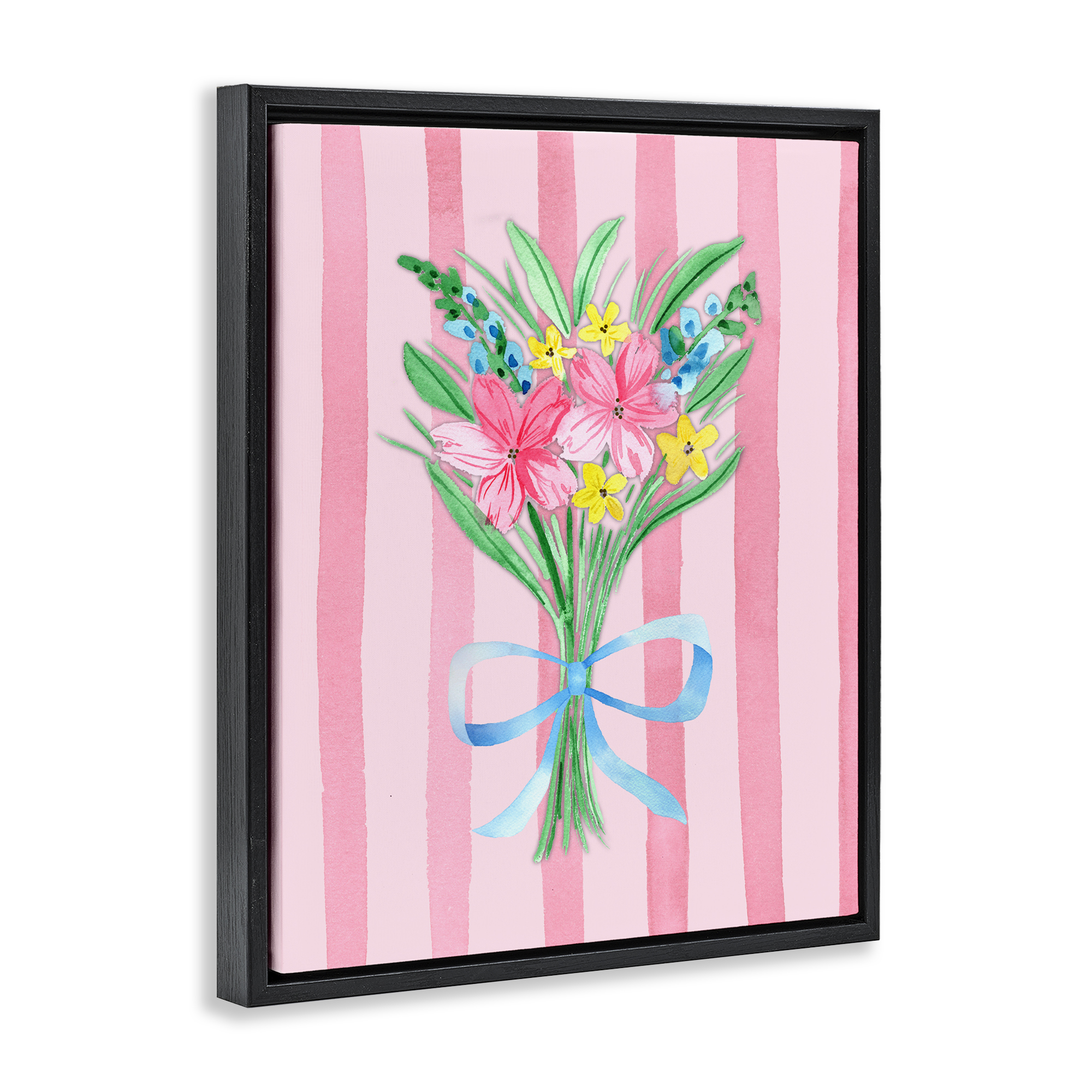 Spring Bouquet Pink & Blue Black Framed Floater Canvas Wall Art, design by Nina Jacobs