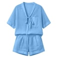thumbnail image 7 of Linen Sets for Women 2 Piece Short Sleeve Tops and Wide Leg Shorts Summer Casual Fashion Beach Outfits Blue M, 7 of 7