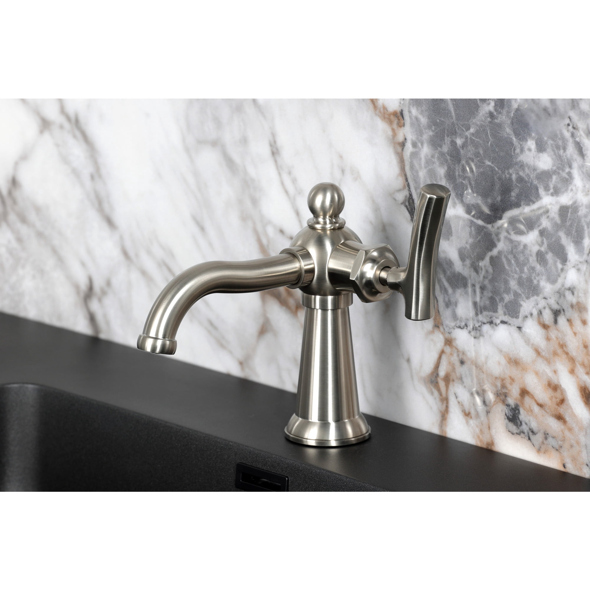 Kingston Brass KS3548TKL Hallerbos One-Handle 1-Hole Bathroom Faucet with Push Pop-Up Drain in Brushed Nickel