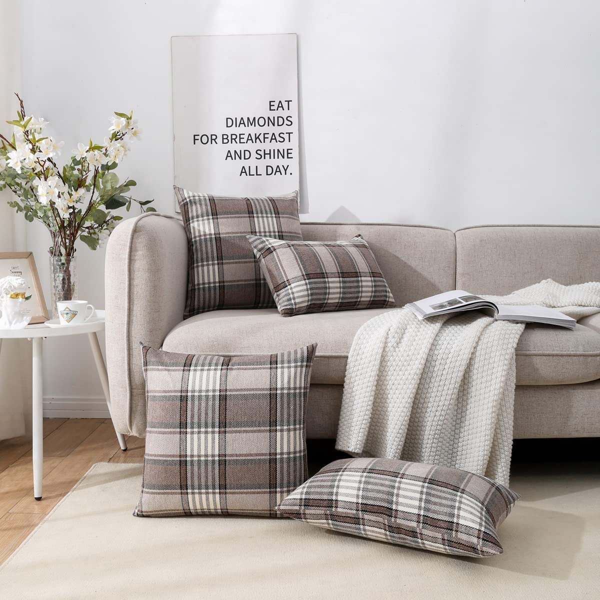 Brown Tartan Plaid Lumbar Pillow Cover 12x20 Set of 2 Farmhouse Buffalo Plaid Brown Striped Lumbar Throw Pillow Cover for Living Room Couch Sofa