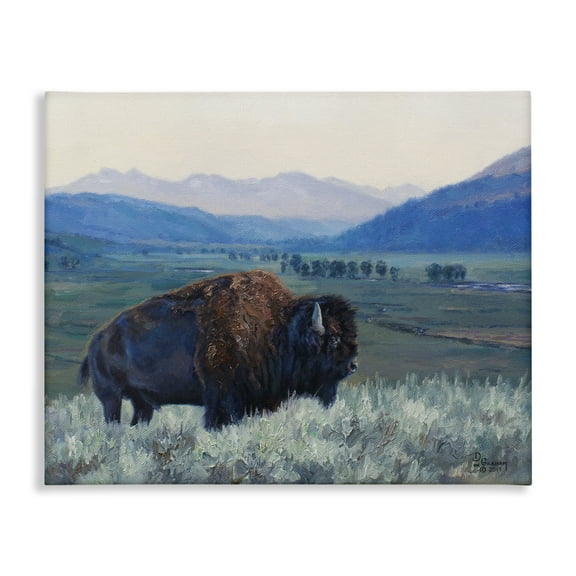Stupell Industries Bison & Country Mountains Animals & Insects Painting Gallery Wrapped Canvas Art Print Wall Art, 20 x 16